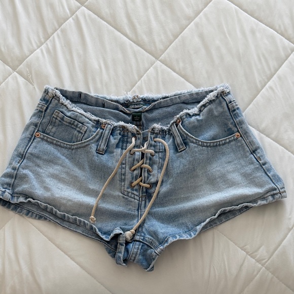Pants - Light Blue Lace-Up Denim Shorts - Women's